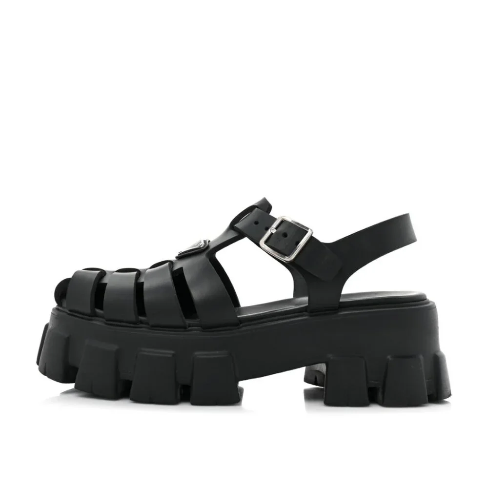 Prada Monolith Platform Sandals Black Strappy Cage Vamp Foam Rubber Sz 38 - Picture 2 of 11
